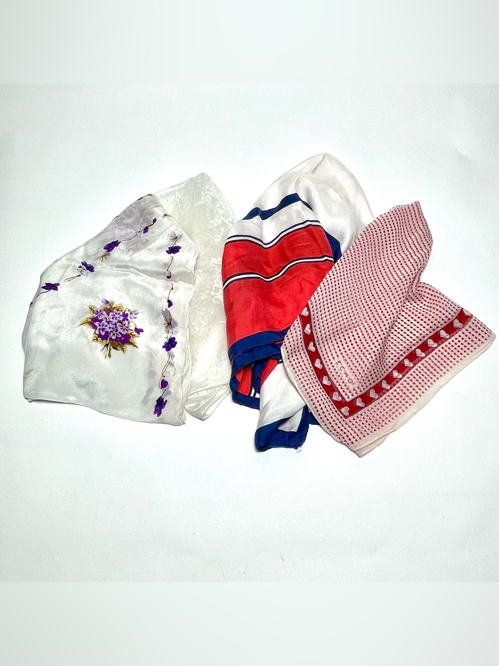 Lot of 4 Vintage Scarves Silk Geo Mod Echo Heart, White Floral Jacquard Damask